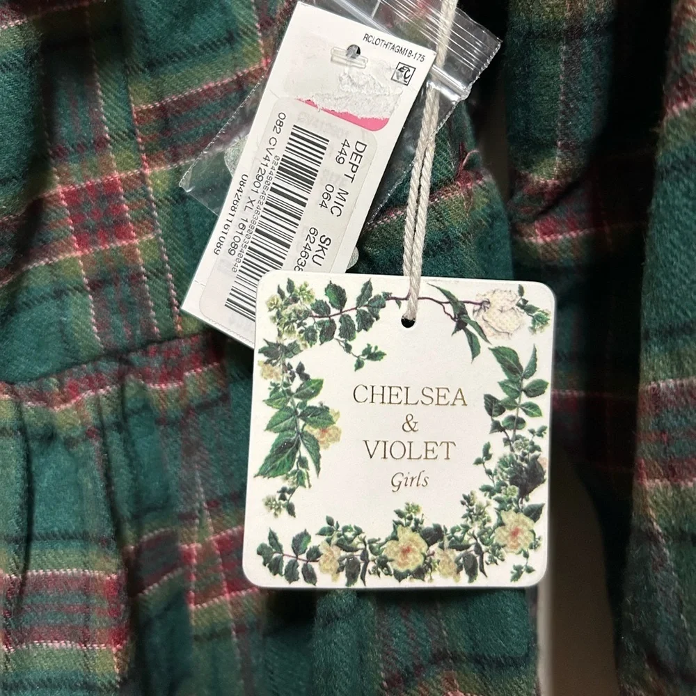 Chelsea & Violet Dress Big Girl Size XL Plaid Long Sleeve Green Blue NWT
